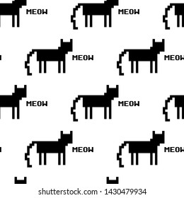Black cats pattern with the word "meow". Pixel black and white pattern.