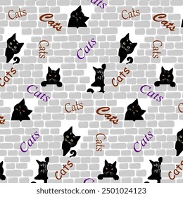 Gatos negros en un patrón. Patrón sin fisuras de Vector con gatos negros en un fondo de pared de ladrillo con textos.