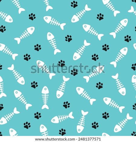 Black cat's paws prints and white fish bones on blue background. Vector seamless pattern.