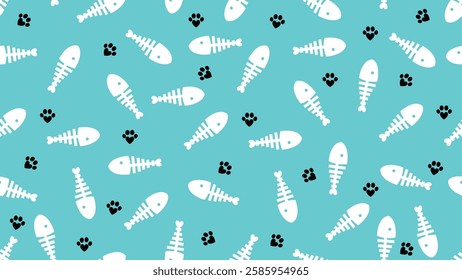 Black cat's paws and white fish bones seamless pattern. Cat's paws, fish bones on blue background. Perfect for fabrics, textile, wallpaper, and decor. SSTKbackgrounds