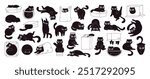 Black cats play with cardboard boxes plastic and shopping bags. Cat is misbehaving and playing around, crazy funny fluffy kittens racy vector clipart