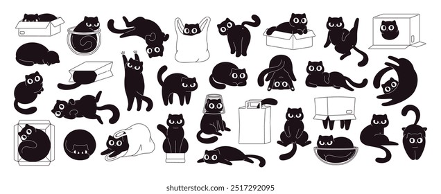 Black cats play with cardboard boxes plastic and shopping bags. Cat is misbehaving and playing around, crazy funny fluffy kittens racy vector clipart