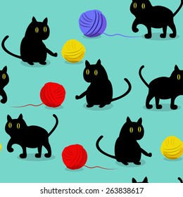 black cats playing with colored balls of wool