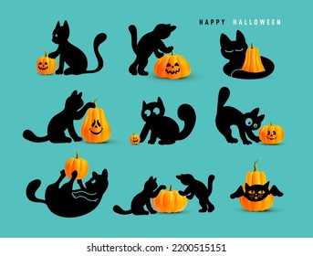 Black cats playing with pumpkins. Set of pumpkin cat. Collection kitten with pumpkin. Funny pets. Scary print for design. Holiday template. Vector illustration isolated background.