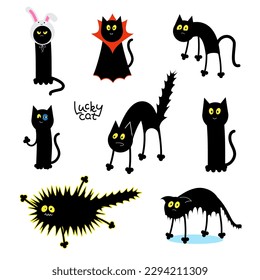 Black cats poses. Cat in a rabbit hat, Dracula Cat, wet and frightened cat, shocked cat cartoon vector illustration. Character design