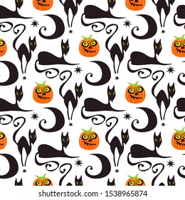 Black cats and pumpkin on white background. Seamless pattern. Halloween vector illustration.  Design element for banner, wallpaper, wrapping paper, fabric.