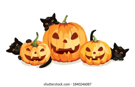 Black cats and pumpkins jack o'lantern. Funny vector illustration, Halloween card.	