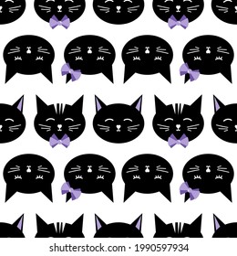 Black cats with purple bows cute cartoon style vector seamless pattern background.

