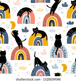 Black cats and rainbows fantasy seamless pattern. Scandinavian style design on white background for fabric design. Cute animal background. Kids vector illustration