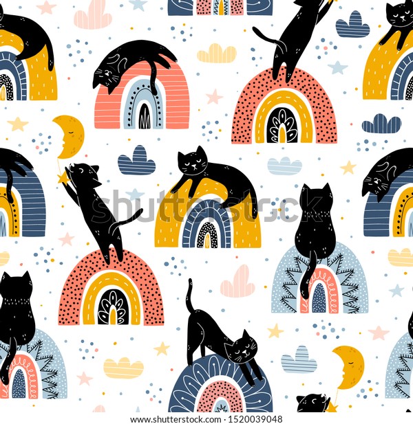 Black cats and\
rainbows fantasy seamless pattern. Scandinavian style design on\
white background for fabric design. Cute animal background. Kids\
vector illustration