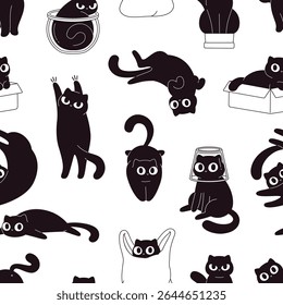 Gatos pretos padrão perfeito. Gatinhos engraçados poses diferentes. Fofo gato de desenho animado em saco, impressão decorativa para tecido, envoltório, papel de parede, fundo vetorial