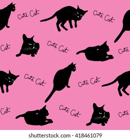 black cats seamless pattern. Vector illustration isolated on pink background.