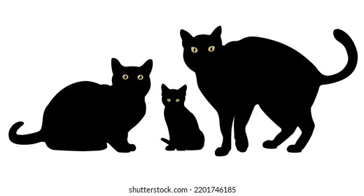 Black Cats Silhouette on White Background. Cat and kitten. Father Mother and child. Icon Vector Illustration.