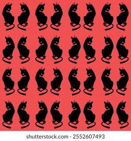 Black cats silhouette - pattern design - red background