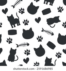 Black Cats Silhouette Pattern - Messy Silhouettes of Cats, Sardine Cans, Fish Skeletons, Hearts and Paws. Seamless Link.