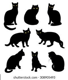 Black cats silhouette set in cartoon style