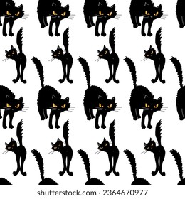 Black cats silhouettes. Seamless pattern on transparent background. Halloween illustration, vector.