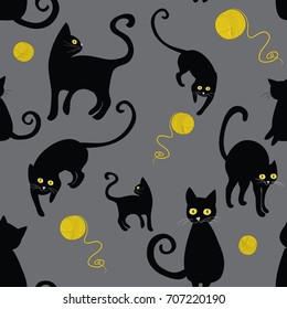 Black cats silhouettes seamless pattern. Vector illustration of cats with wool cloths on grey background