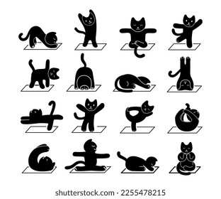 Black cats silhouettes set. Collection of graphic elements for website. Charming kitten, playful character doing yoga, stretching. Cartoon flat vector illustrations isolated on white background