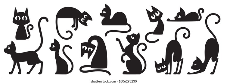 Black cats silhouettes set for halloween and other. Cat shapes isolated on white background. Stock vector