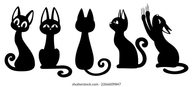 Black cats silhouettes set for halloween and other. Cat shapes isolated on white background. Cute cats stencils. Stock vector