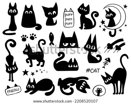 Black cats silhouettes set for halloween and other design. Vector shapes of cats isolated on white background. Funny and cute kittens collection