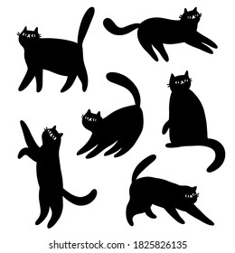 Siluetas de gatos negros, dibujos vectoriales conjuntos de dibujos animados, aislados en fondo blanco