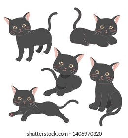 Black cats simple style set. Collection of cute pets. Vector illustrations isolated on white background.