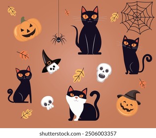 Black cats, skulls, spider and pumpkins. The Halloween holiday.  Vector illustration. It can be used in web design, printing, textiles
