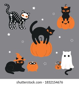 Black cats in spooky outfits  Witch cat  ghost cat  skeleton cat  cat in pumpkin  Design for Halloween   Mexican holiday Day the Dead 