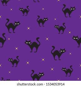 Black cats and star halloween purple vector repeat seamless pattern. October holiday vector. For Wallpaper or textile design.