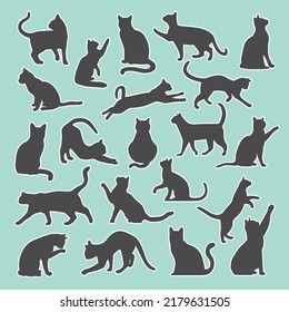 Black cats sticker pack for design websites, applications or social network communication. Little funny kittens as stickers for web design.
