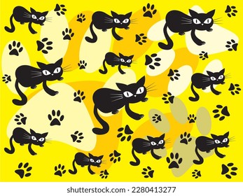 black cats texture with footprints, yellow background, vector illustration, art.