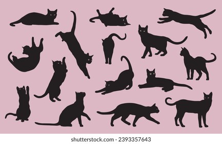 Black cats in various poses isolated on background. Cats sitting, standing, resting, playing. Cat symbol shape.