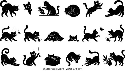 Black cats in various poses and silhouettes animal