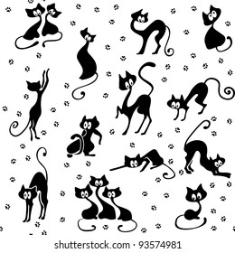 A lot of black cats in various poses. Their tracks. Seamless.