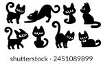 Black cats vector collection. Cartoon cats for Halloween and other designs. Silhouettes on a white background.