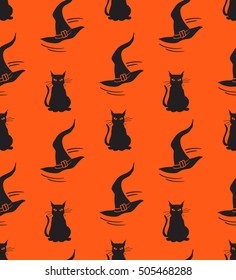 Black cats and witch hats. Halloween seamless pattern. Elements in flat style on orange background