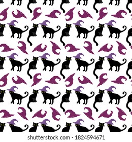 Black cats and witch hats seamless design