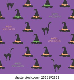 Black cats and witches hat on a purple background vector Halloween seamless pattern