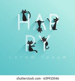 Black cats with the word "HAPPY" on green background : Vector Illustration