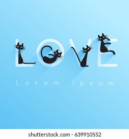 Black cats with the word "LOVE" on blue background : Vector Illustration