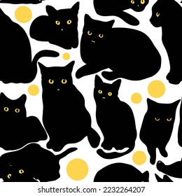 Black cats with yellow eyes, seamless pattern on white background