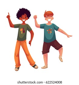 Black and Caucasian boys, kids, friends having fun, dancing at party, cartoon vector illustration isolated on white background. Happy boys dancing, jumping at a kids, birthday party, having fun