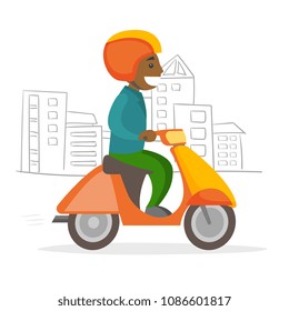 A black caucasian man in a helmet driving a motorcycle. A scooter as a mean of transport. City transportation concept. Vector cartoon illustration isolated on white background.