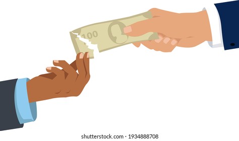 Black And Caucasian Men Tearing Apart A Money Bill, And Black Man Gets The Smaller Part As A Metaphor For Racial Pay Gap, EPS 8 Vector Illustration