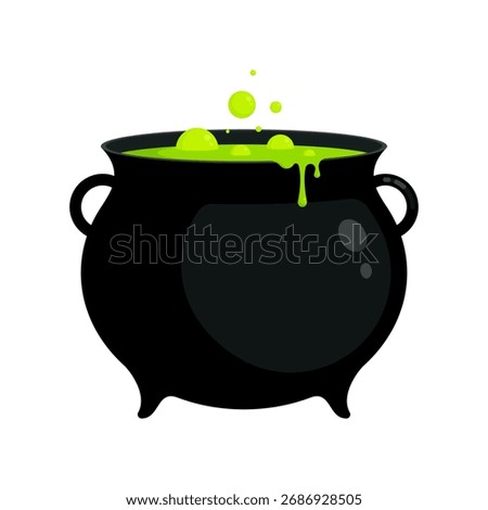 Black cauldron with bubbling green potion and dripping slime. Halloween, witchcraft, magic and spooky decor. Flat vector illustration isolated on white background