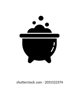 Black Cauldron with Bubbling Potion Halloween Decoration Silhouette Icon. Witches Cauldron and Potion Glyph Pictogram. Magicians Pot with Brew Icon. Isolated Vector Illustration.