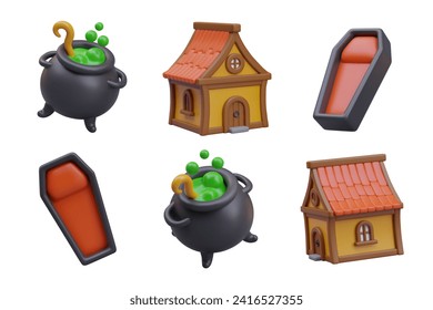 Black cauldron with bubbling potion, open coffin, witch house. Realistic objects in cartoon style. Different angle view for dynamic Halloween web design