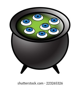 A black cauldron with eyeballs floating in green liquid. 